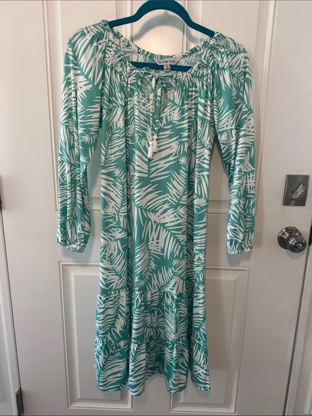 Seafoam Palm-Print Off-Shoulder Midi Dress